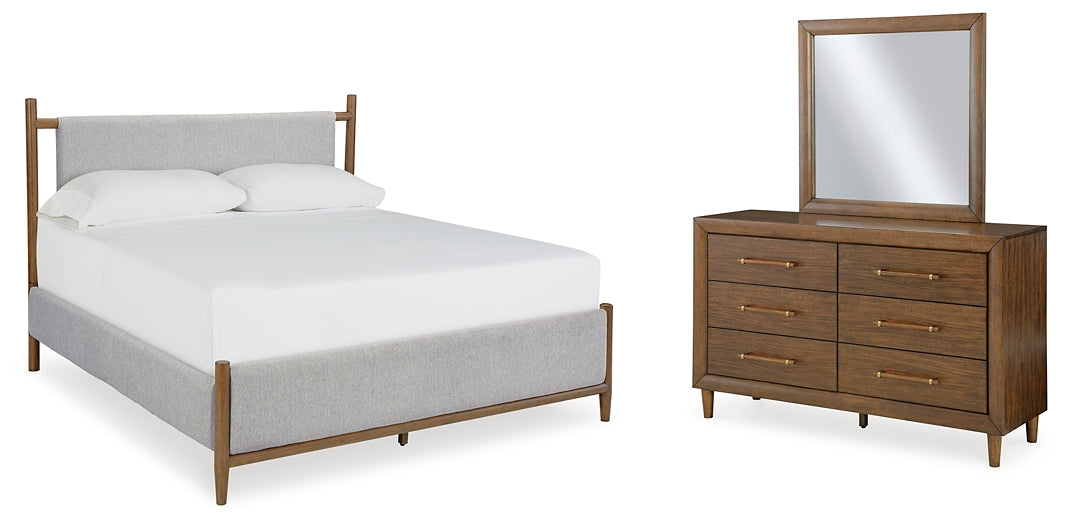 Lyncott Queen Upholstered Bed with Mirrored Dresser
