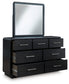Rowanbeck King Upholstered Panel Bed with Mirrored Dresser and Nightstand