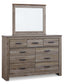 Zelen King Panel Bed with Mirrored Dresser and Chest