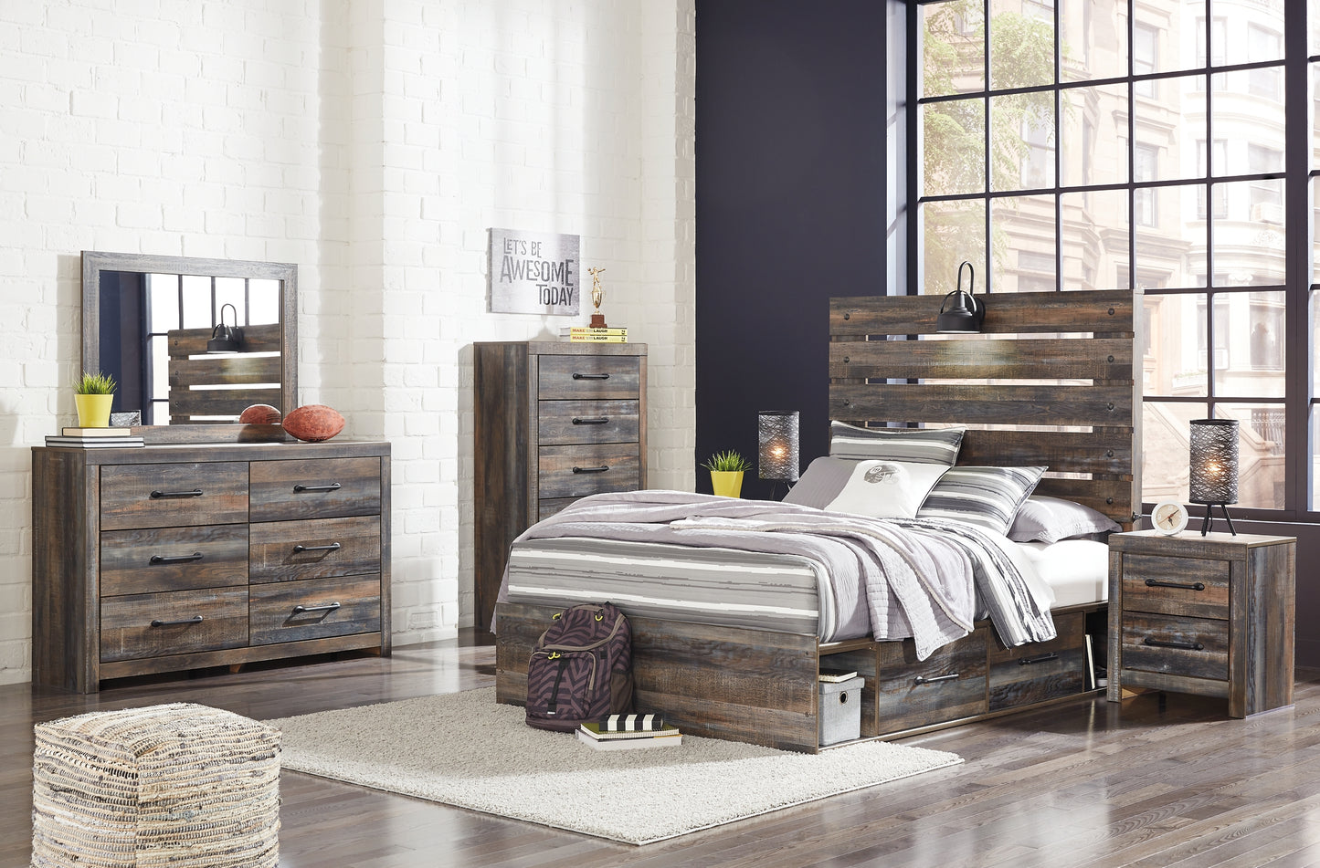 Drystan Twin Panel Bed with 2 Storage Drawers with Mirrored Dresser, Chest and 2 Nightstands