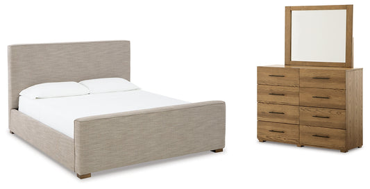 Dakmore King Upholstered Bed with Mirrored Dresser